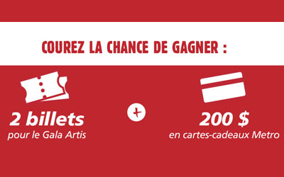 Billets pour le Gala Artis et carte-cadeau Métro de 200$