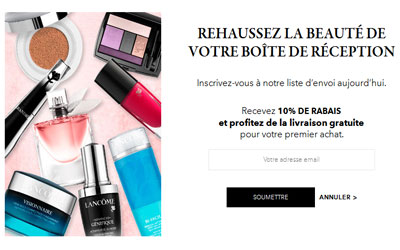 10% de rabais offert à l’inscription Lancôme