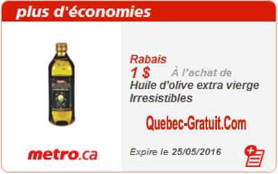 1$ de rabais, Huile d'olive extra vierge Irresistibles