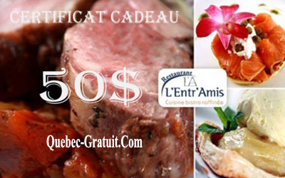 Certificat cadeau de 50 au Restaurant LEntrAmis