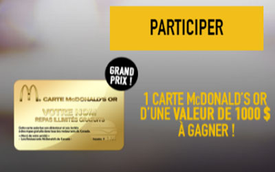 Carte McDonald's Or d'une valeur de 1000$