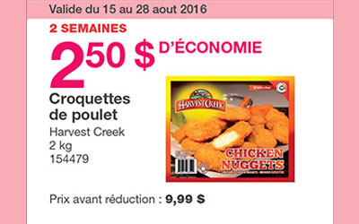 Rabais de 2.50$ sur les nuggets de poulet Harvest Creek