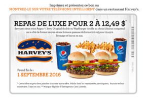 Repas de luxe pour 2 à 12,49$ seulement chez Harvey's