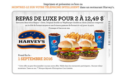 Repas de luxe pour 2 à 12,49$ seulement chez Harvey's