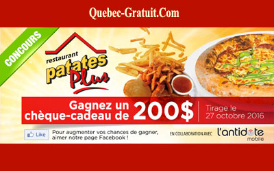 Concours gagnez 200$ à dépenser au Patates Plus de Val-Bélair