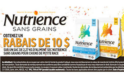 Rabais de 10$ sur un sac Nutrience de 2,27 kg