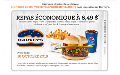 Repas économique à 6.49$ seulement chez Harvey's