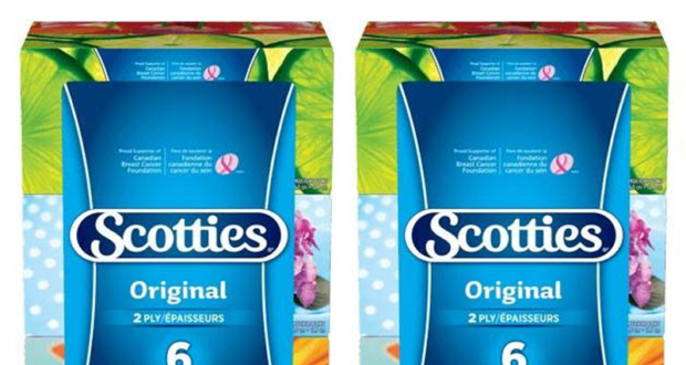 6 boîtes de mouchoirs Scotties à 2,88$