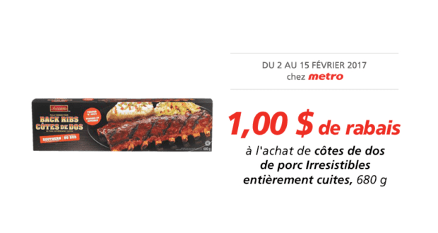 Coupon de 1$ à l’achat de côtes de dos de porc Irresistibles