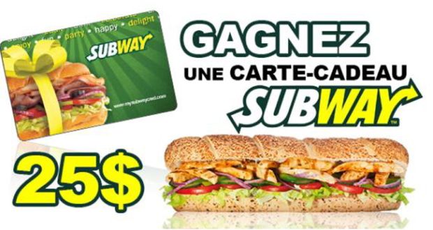 Carte cadeau Subway de 25 $