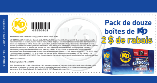 Coupon de 2$ Sur un paquet de 12 boites de Kraft Dinner