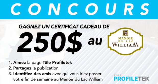 Certificat cadeau de 250$ au Manoir du Lac William