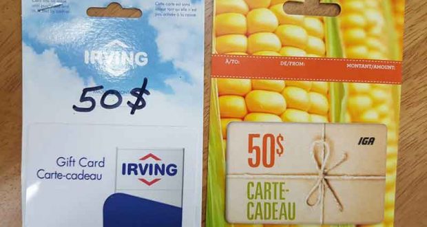 Cartes cadeaux IGA et Irving de 50$ chacune