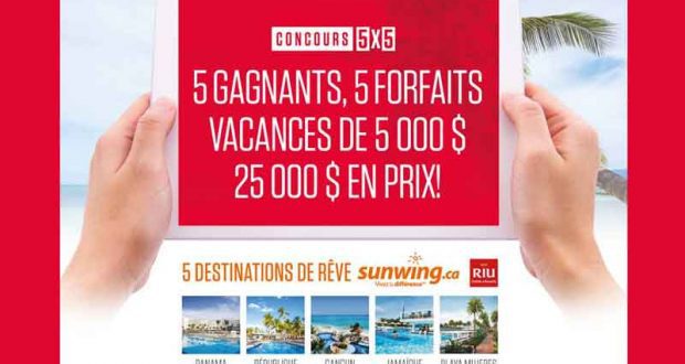 Gagnez 1 des 5 forfaits voyages Sunwing de 25 000$