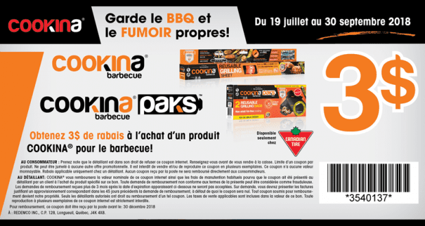 Coupon de 3$ sur un produit Cookina pour le barbecue