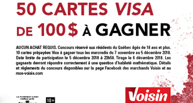 50 cartes Visa prépayées de 100$ chacune