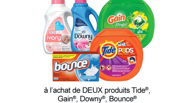 Coupon de 3$ à l'achat de 2 produits Tide Downy Gain ou Bounce