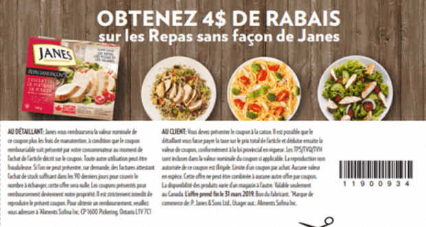 Coupon de 4$ sur les repas sans façon de Janes