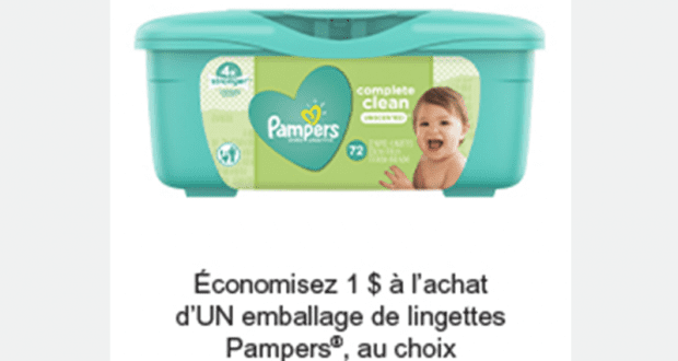 Coupon de 1$ à l’achat d’un emballage de lingettes Pampers