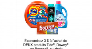 Coupon de 3$ à l’achat de 2 produits Tide - Downy ou Bounce