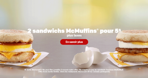 Mc Donald’s 2 sandwichs McMuffins pour 5$ seulement