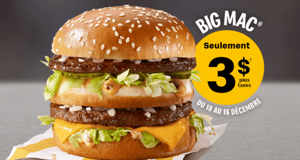 Obtenez un Big Mac à 3$ seulement chez Mc Donald’s