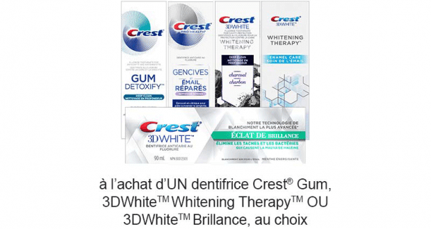 Coupon de 2$ sur les dentifrices Crest