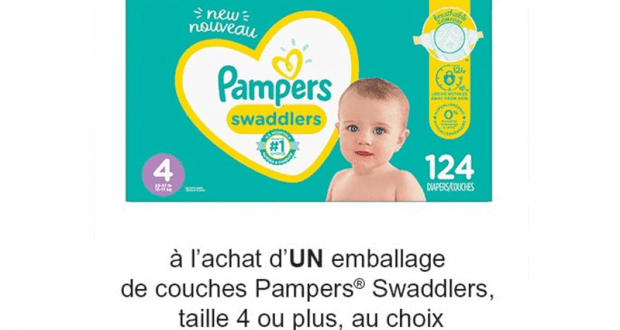 Coupon de 2$ sur les couches Pampers Swaddlers taille 4 ou plus