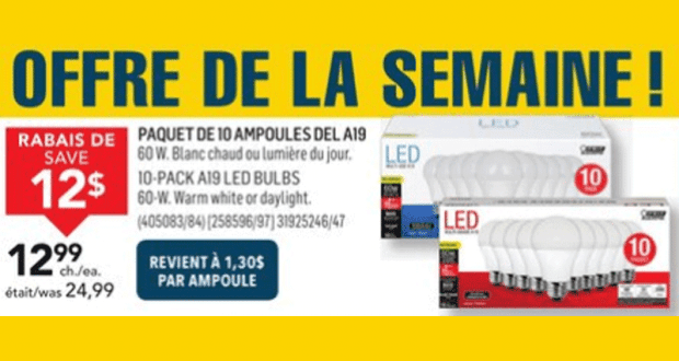 Rabais de 12$ sur Ampoule A19 E26 blanc chaud