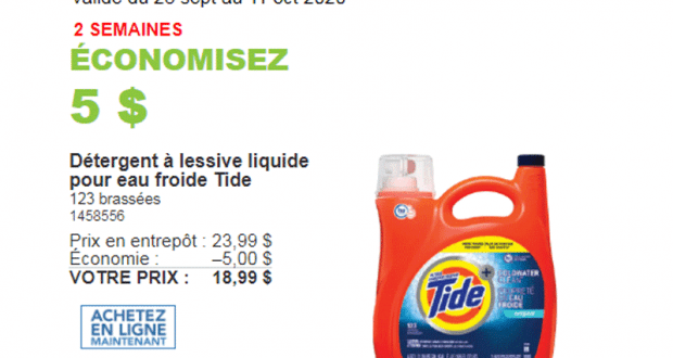 5$ de rabais sur Détergent à lessive liquide pour eau froide Tide