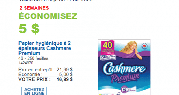 5$ de rabais sur Papier hygiénique Cashmere Premium