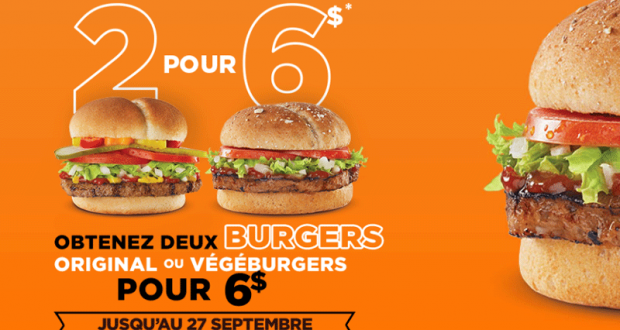 Obtenez 2 Burgers original ou végéburgers pour 6$ seulement