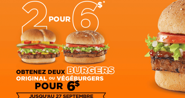 Obtenez 2 Burgers original ou végéburgers pour 6$ seulement