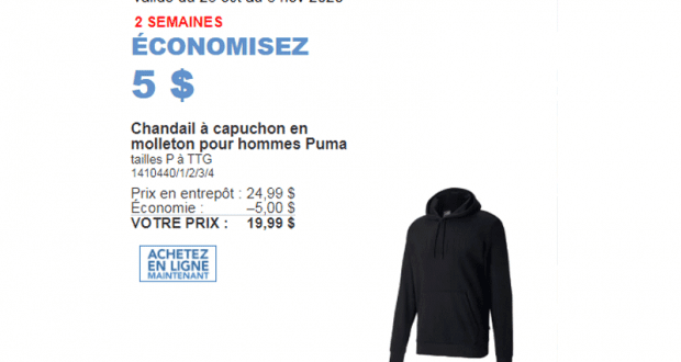 Rabais de 5$ Chandail à capuchon en molleton Puma