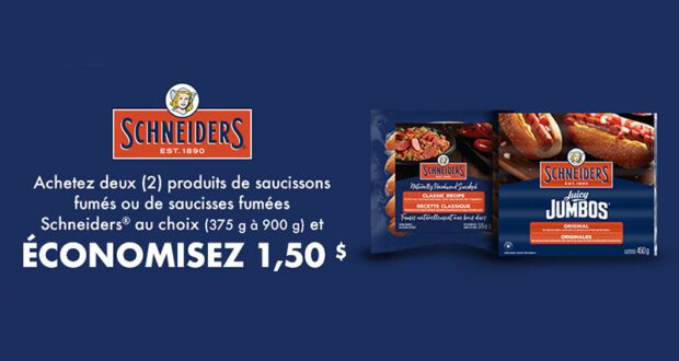 Coupon de 1.50$ sur saucissons ou saucisses Schneiders