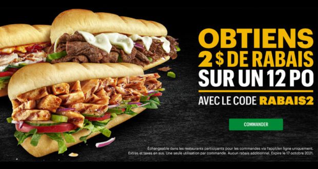 Subway Obtenez un 12 po GRATUIT avec 12 po + boisson