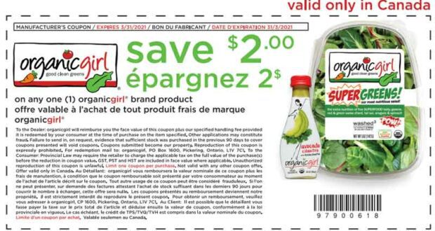 Coupon de 2$ sur tout produit Organicgirl