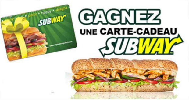 Gagnez 15 cartes-cadeaux Subway de 100 $ chacune