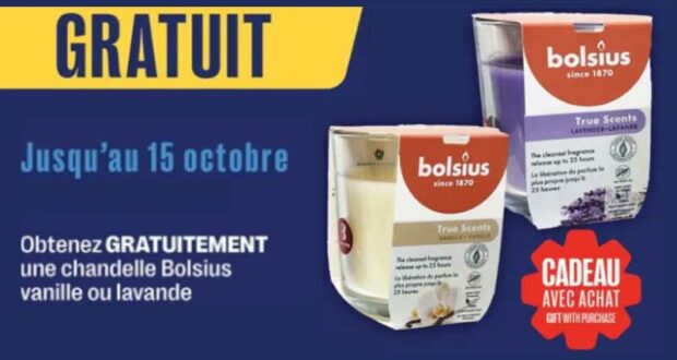 Chandelle Bolsius à la vanille ou à la lavande GRATUITE